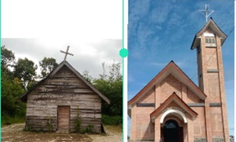 Foto Gereja St. Katarina, Kariahan Sumatera Utara sebelum dan sesudah dibangun.